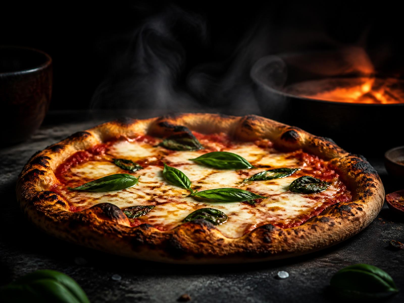 Pizza au feu de bois garnie de mozzarella et basilic